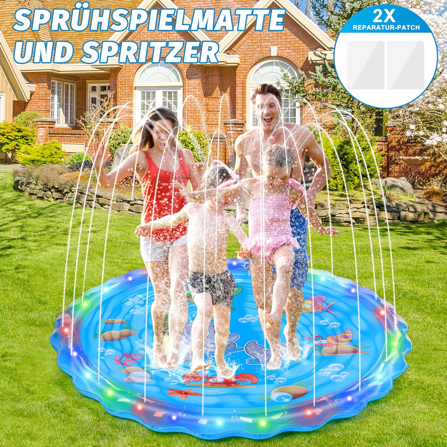 IEEILULU Splash Pad 170 cm Wassersprinkler Spielmatte mit LED Blau