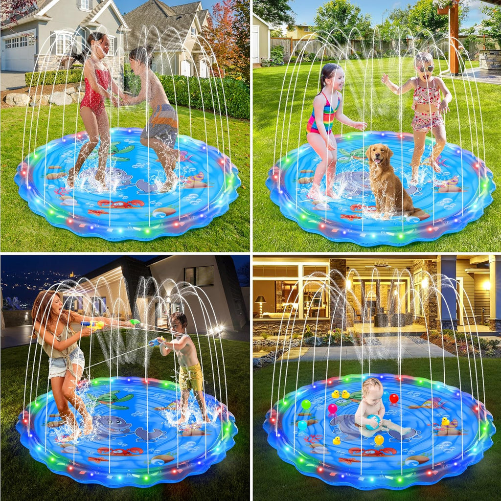 IEEILULU Splash Pad 170 cm Wassersprinkler Spielmatte mit LED Blau