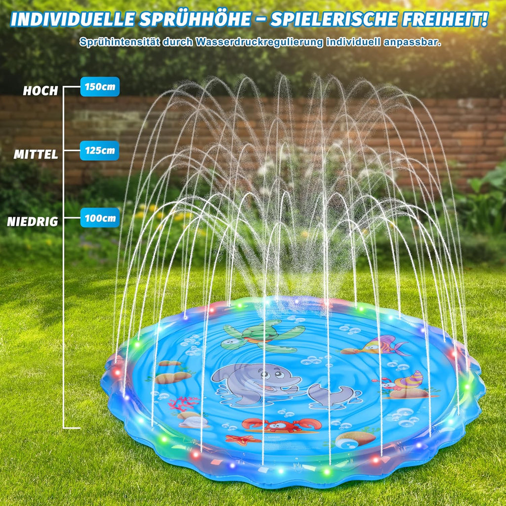 IEEILULU Splash Pad 170 cm Wassersprinkler Spielmatte mit LED Blau