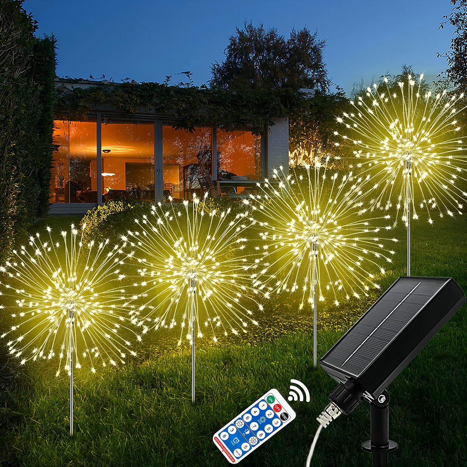 Liyade Solar Gartenleuchten 2 Stueck 120 LED Warmweiss 8 Modi Feuerwerk Pusteblume