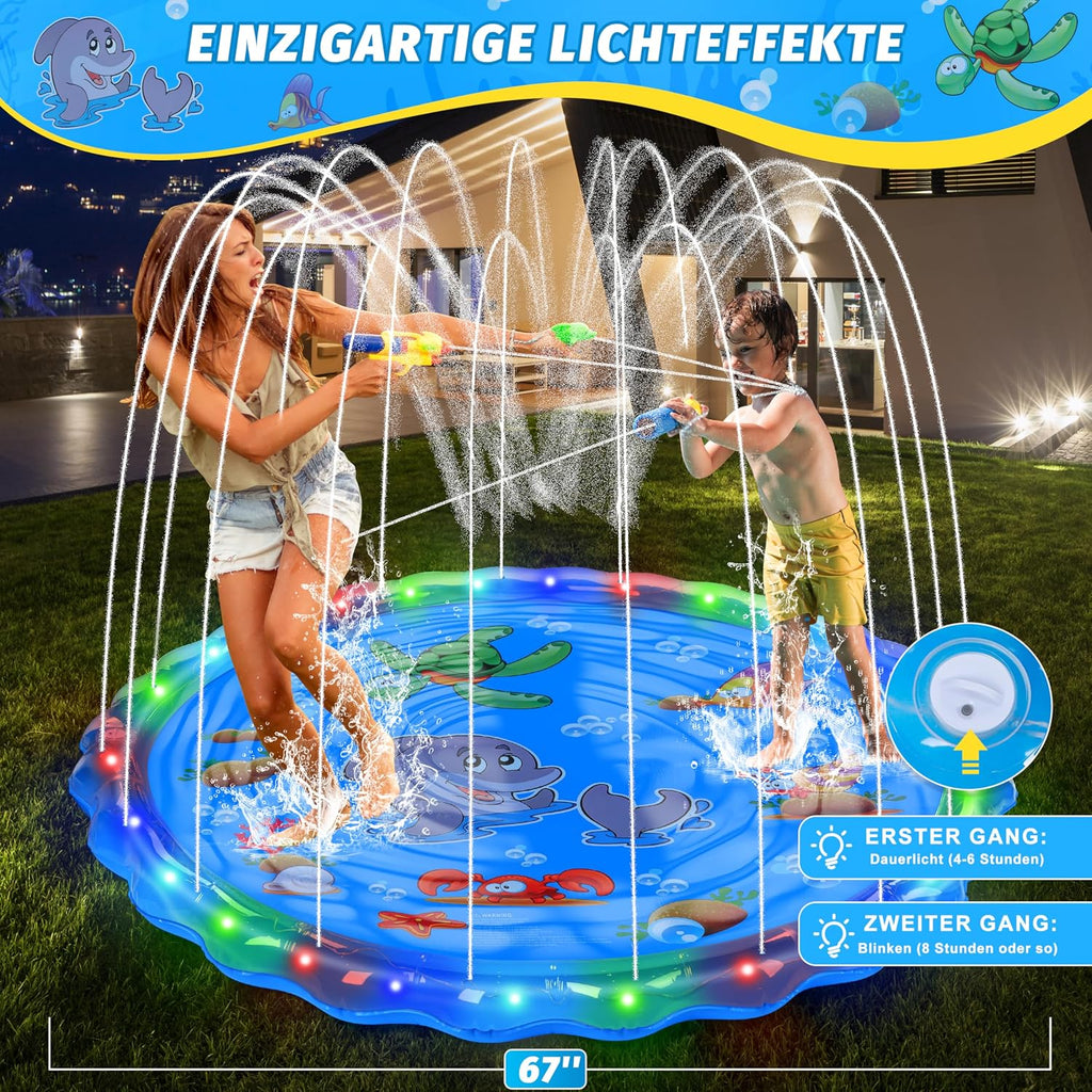 IEEILULU Splash Pad 170 cm Wassersprinkler Spielmatte mit LED Blau