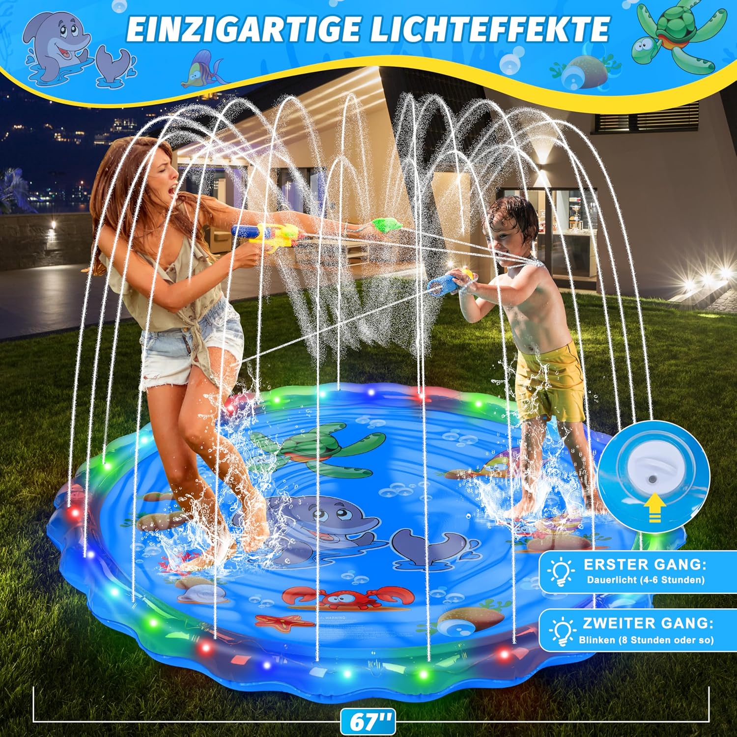 IEEILULU Splash Pad 170 cm Wassersprinkler Spielmatte mit LED Blau