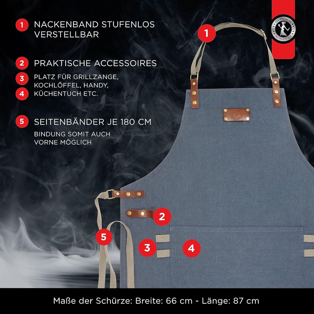 Ess-Nische Kochschuerze Denim unisex extra lang Grillschuerze mit Taschen