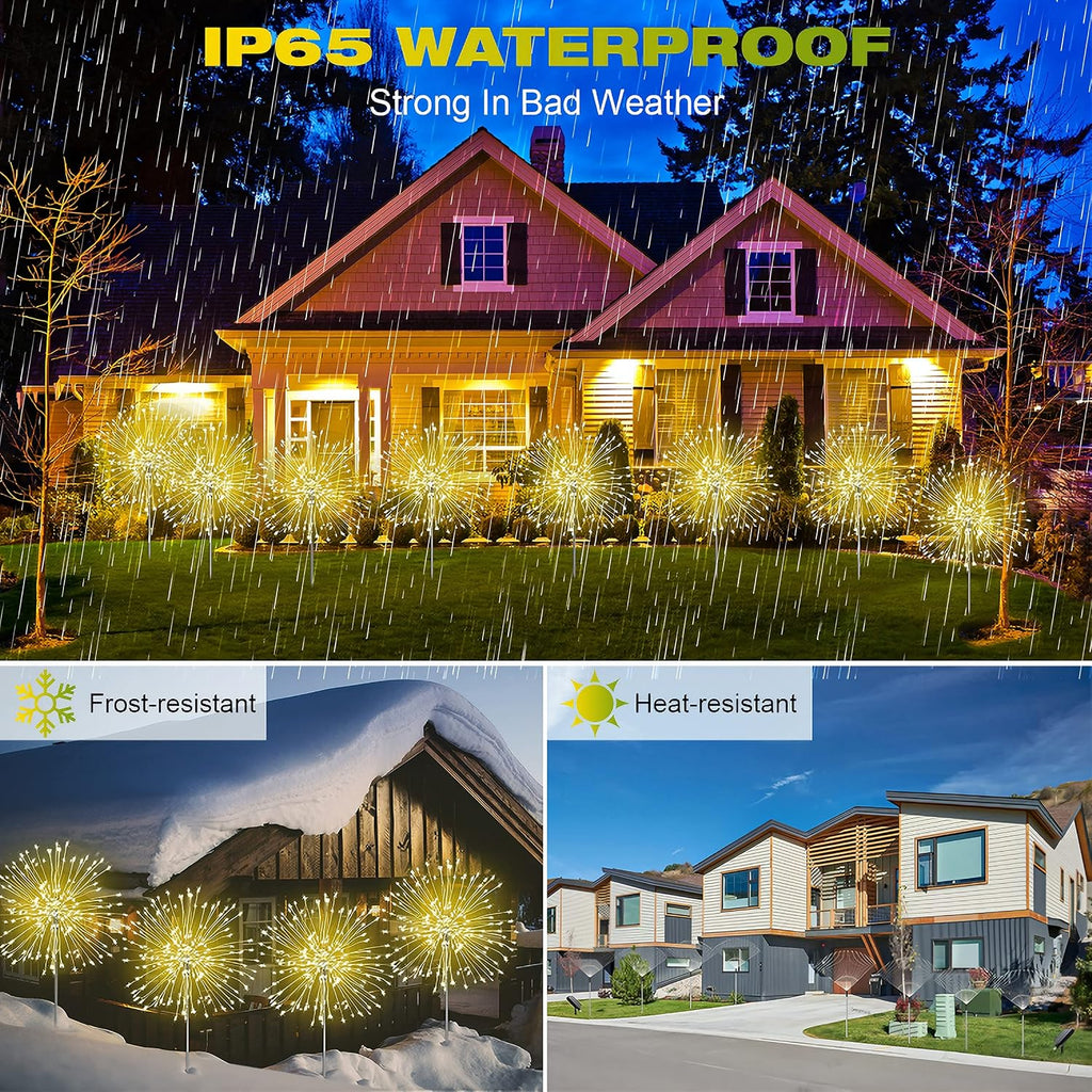Liyade Solar Gartenleuchten 2 Stueck 120 LED Warmweiss 8 Modi Feuerwerk Pusteblume