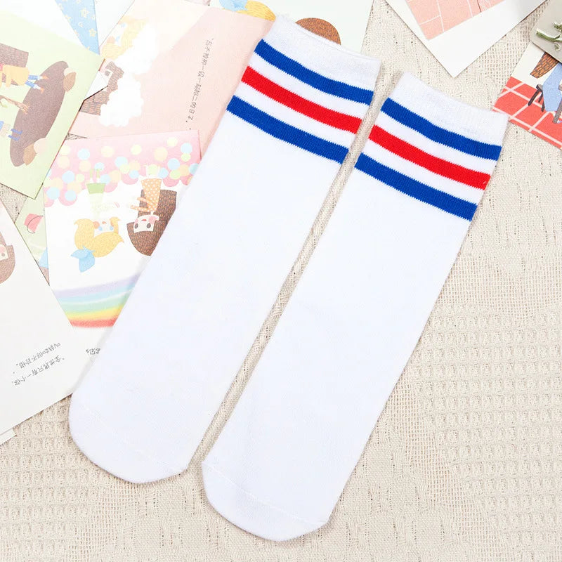 Kids Knee High Socks For Girls Boys Football Stripes Sports Old School White Socks Skate Children Baby Long Tube Cheer Socks