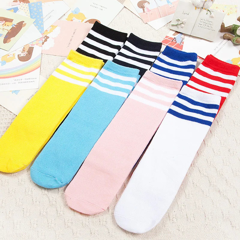 Kids Knee High Socks For Girls Boys Football Stripes Sports Old School White Socks Skate Children Baby Long Tube Cheer Socks