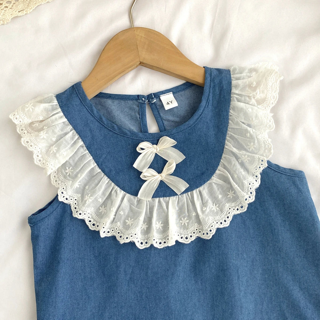 Kids Clothes Girls Summer Fashion  Cowboy Blue Lace Bow+Lace Wide Leg Pants Sets Children's Daily Casual Wear