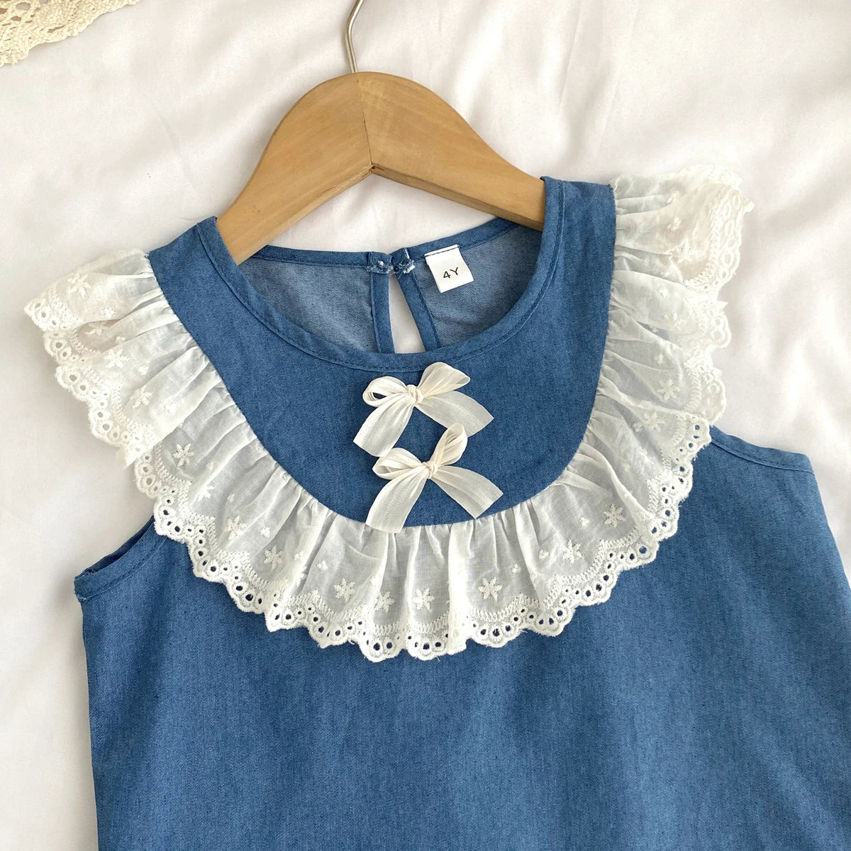 Kids Clothes Girls Summer Fashion  Cowboy Blue Lace Bow+Lace Wide Leg Pants Sets Children's Daily Casual Wear