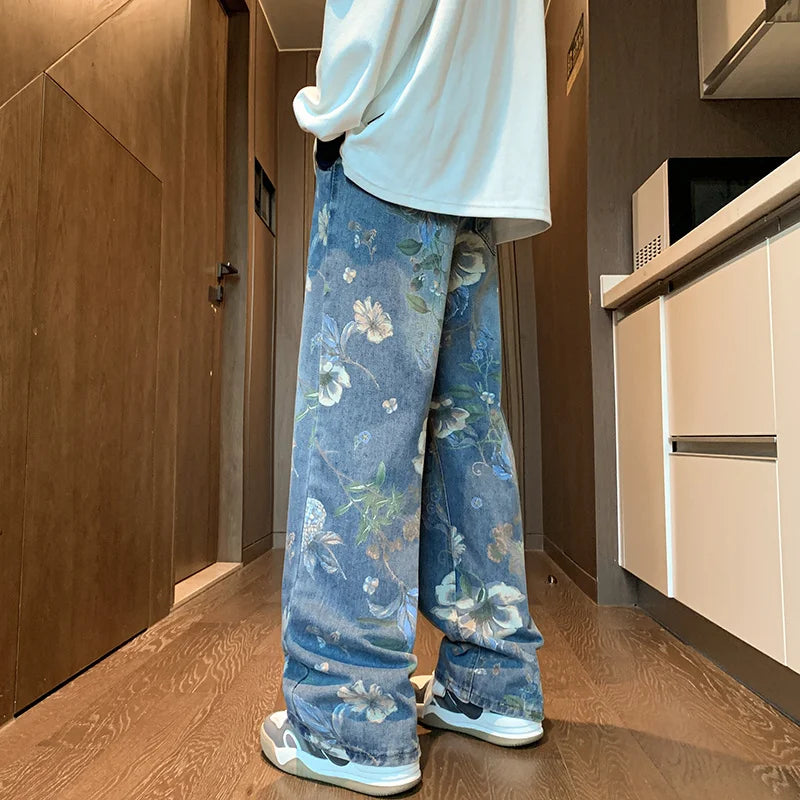 Herren Floral Jeans – American High Street Style, Bedruckt