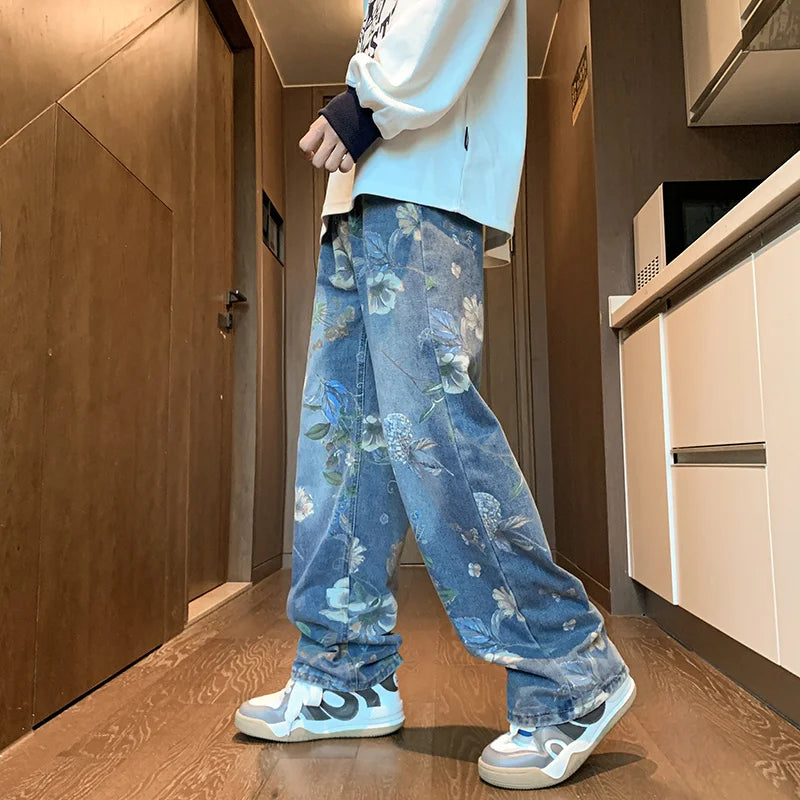 Herren Floral Jeans – American High Street Style, Bedruckt