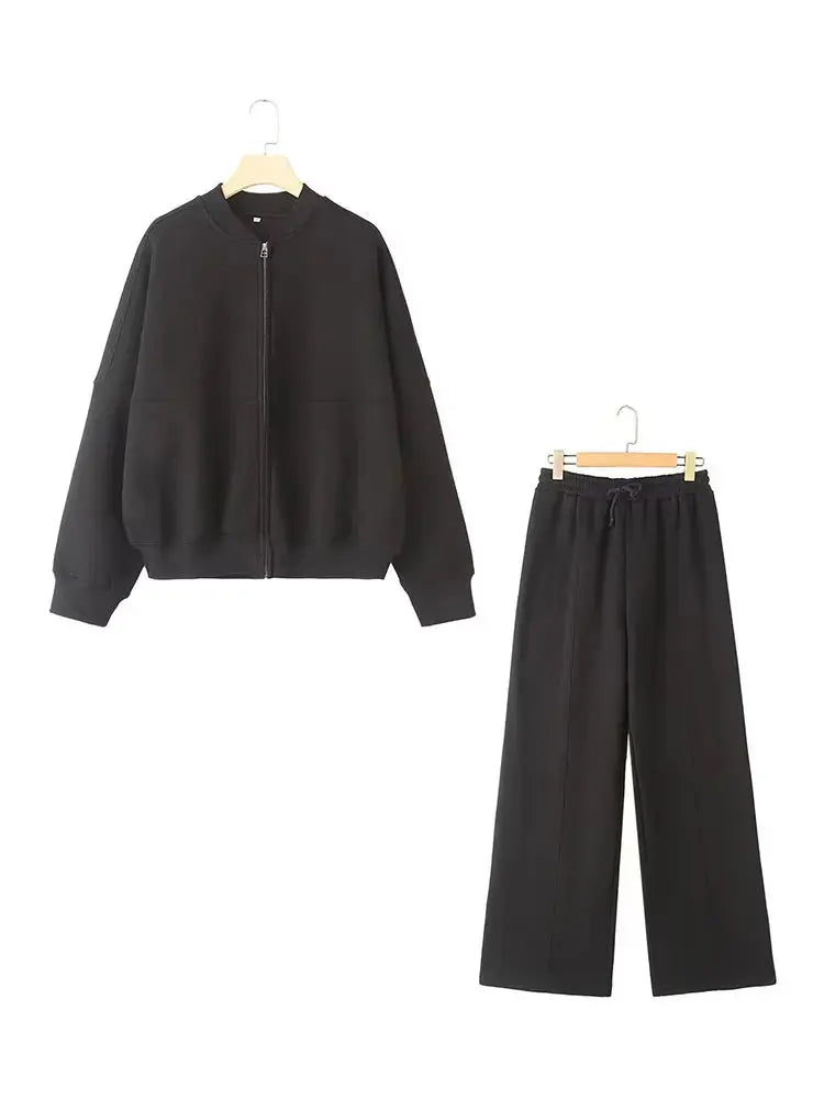 Damen 2-teiliges Set – Bomberjacke mit Reißverschluss & Weite Hose, Streetwear