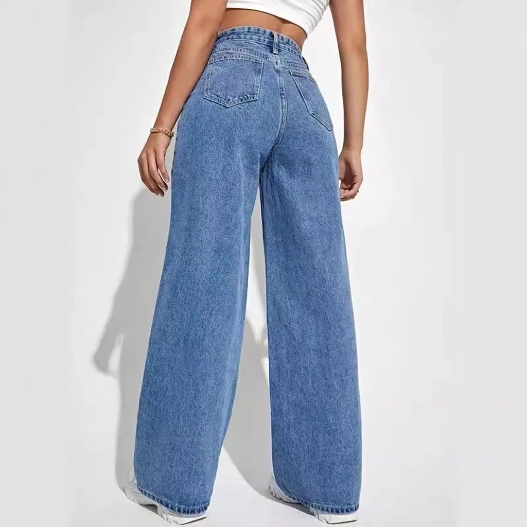 Fashion Retro Blue Y2K High‑Street Baggy Straight High‑Waist Jeans
