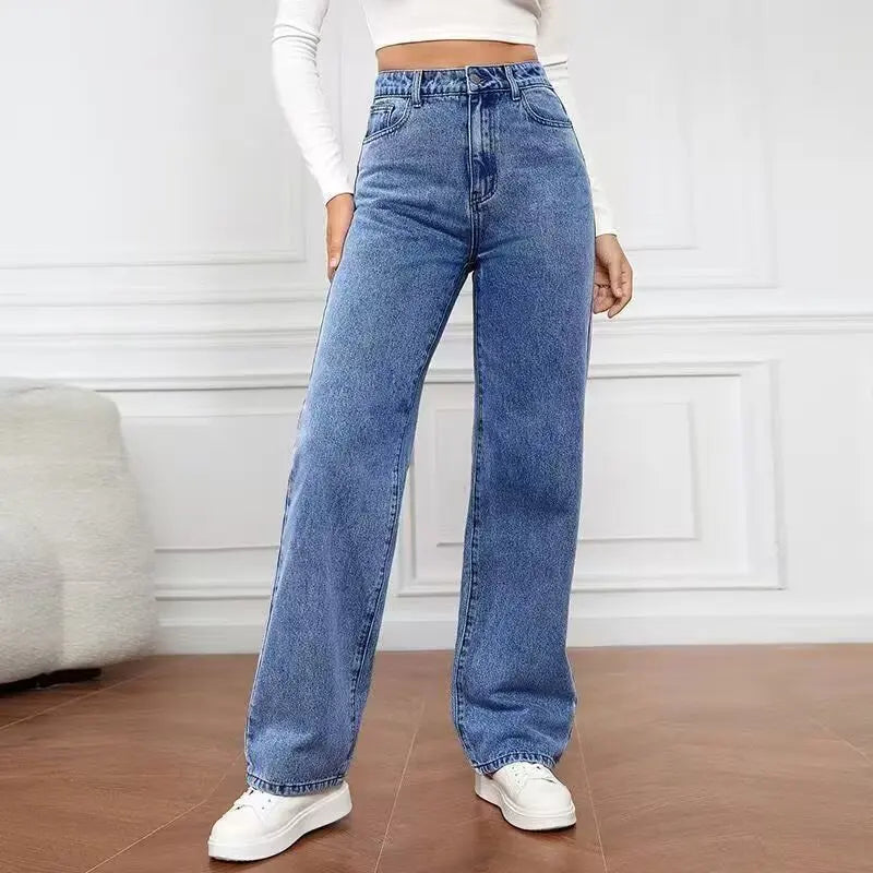 Black‑Gray High‑Waist Wide‑Leg Denim Pants for Women – Loose Fit Slimming Straight Leg