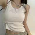 Damen Geripptes Tank Top – Knopfleiste, Ärmellos, Einfarbig, Casual, Sommer