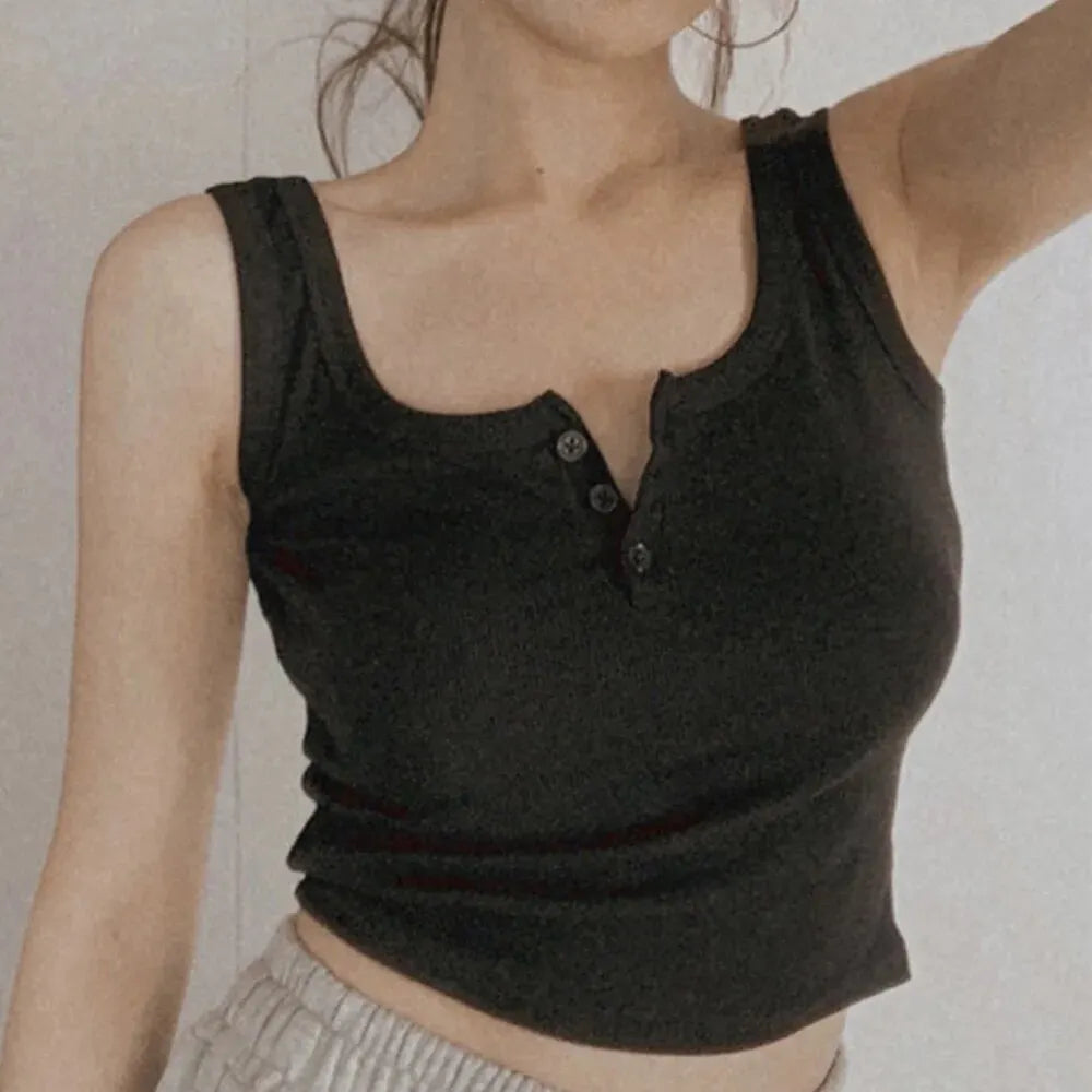 Damen Geripptes Tank Top – Knopfleiste, Ärmellos, Einfarbig, Casual, Sommer