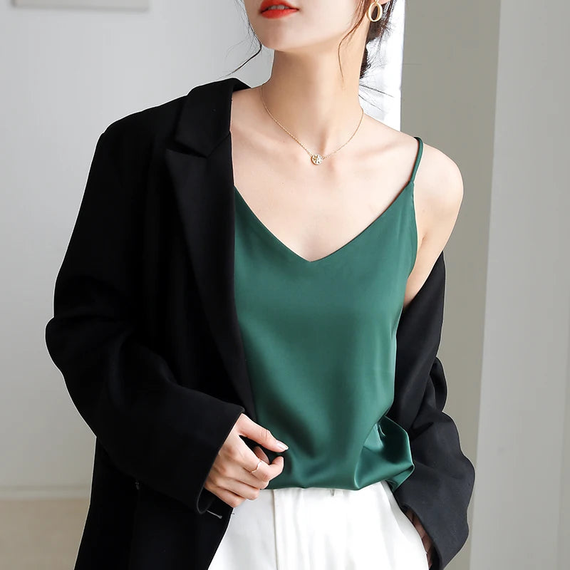 Damen Satin Crop Top – Träger, V-Ausschnitt, Ärmellos, Y2K, Camisole