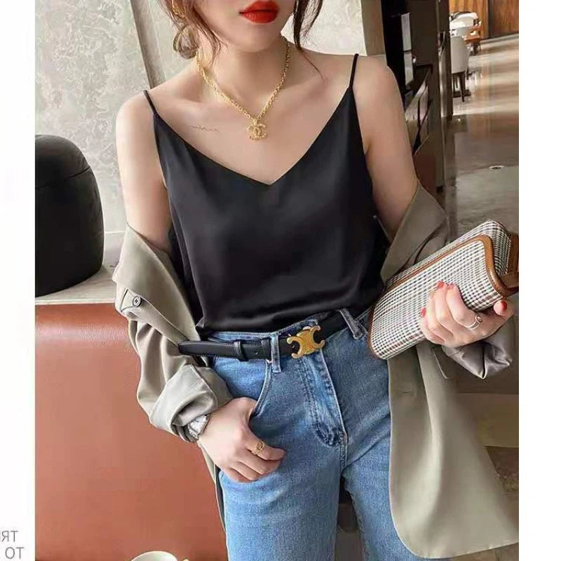 Damen Satin Crop Top – Träger, V-Ausschnitt, Ärmellos, Y2K, Camisole