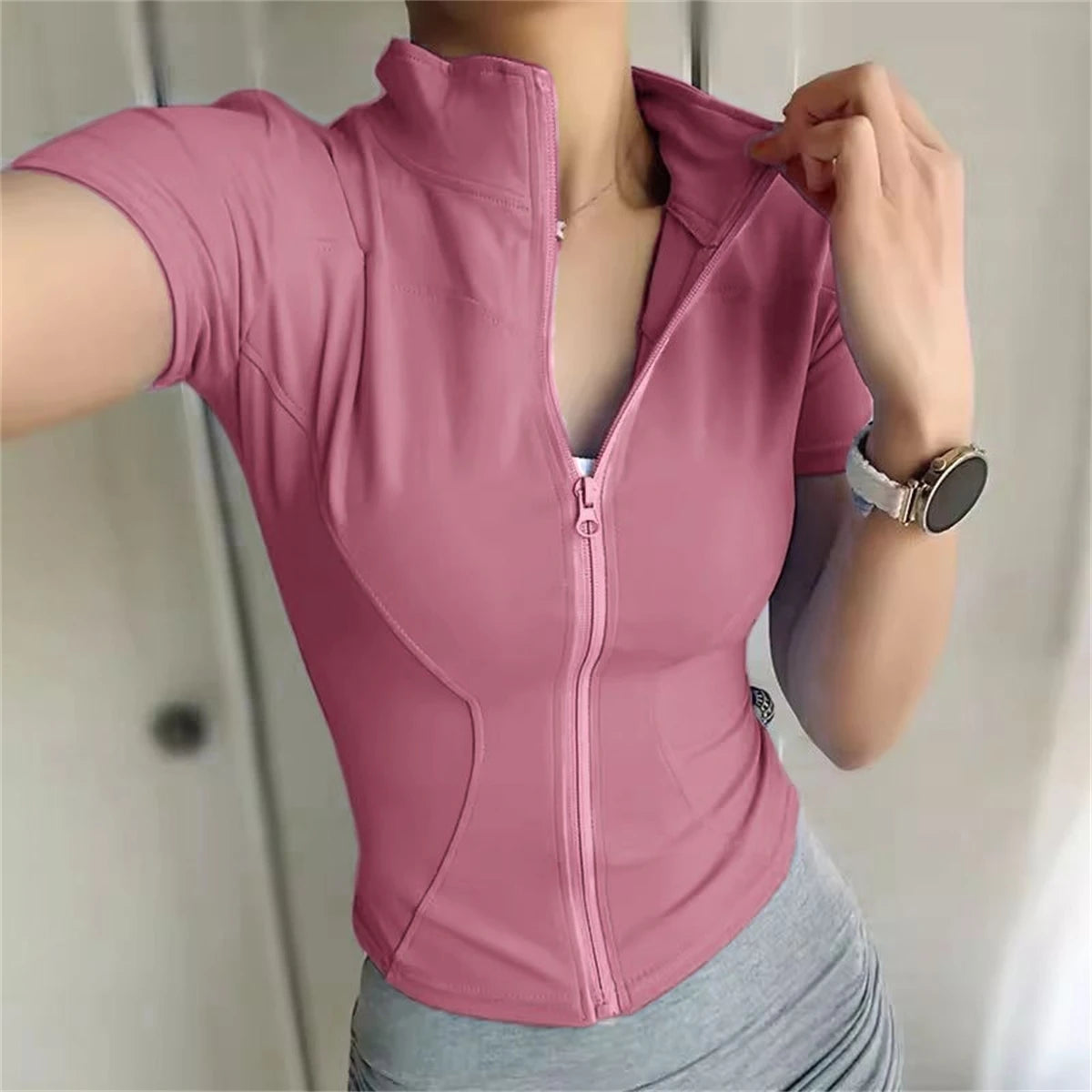 Damen Yoga Sport Top – Stehkragen, Reißverschluss, Slim Fit, Sommer