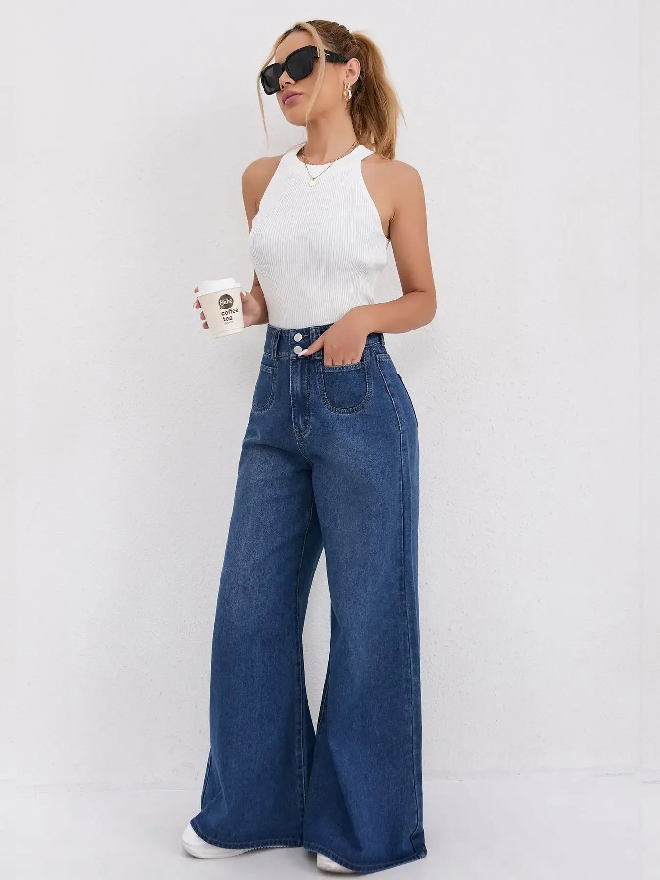 Womens Jeans Baggy Jeans Wide Pants High Waist Loose Fit Two Button Solid Color Wide Leg Denim Trousers For Ladies
