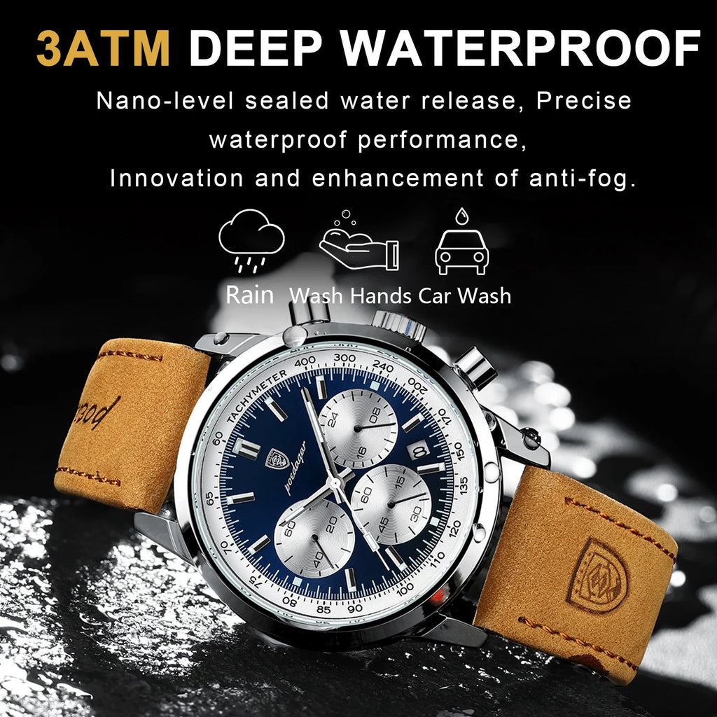 Herren-Chronograph Luxusuhr – Wasserdicht, Lederarmband, Quarz