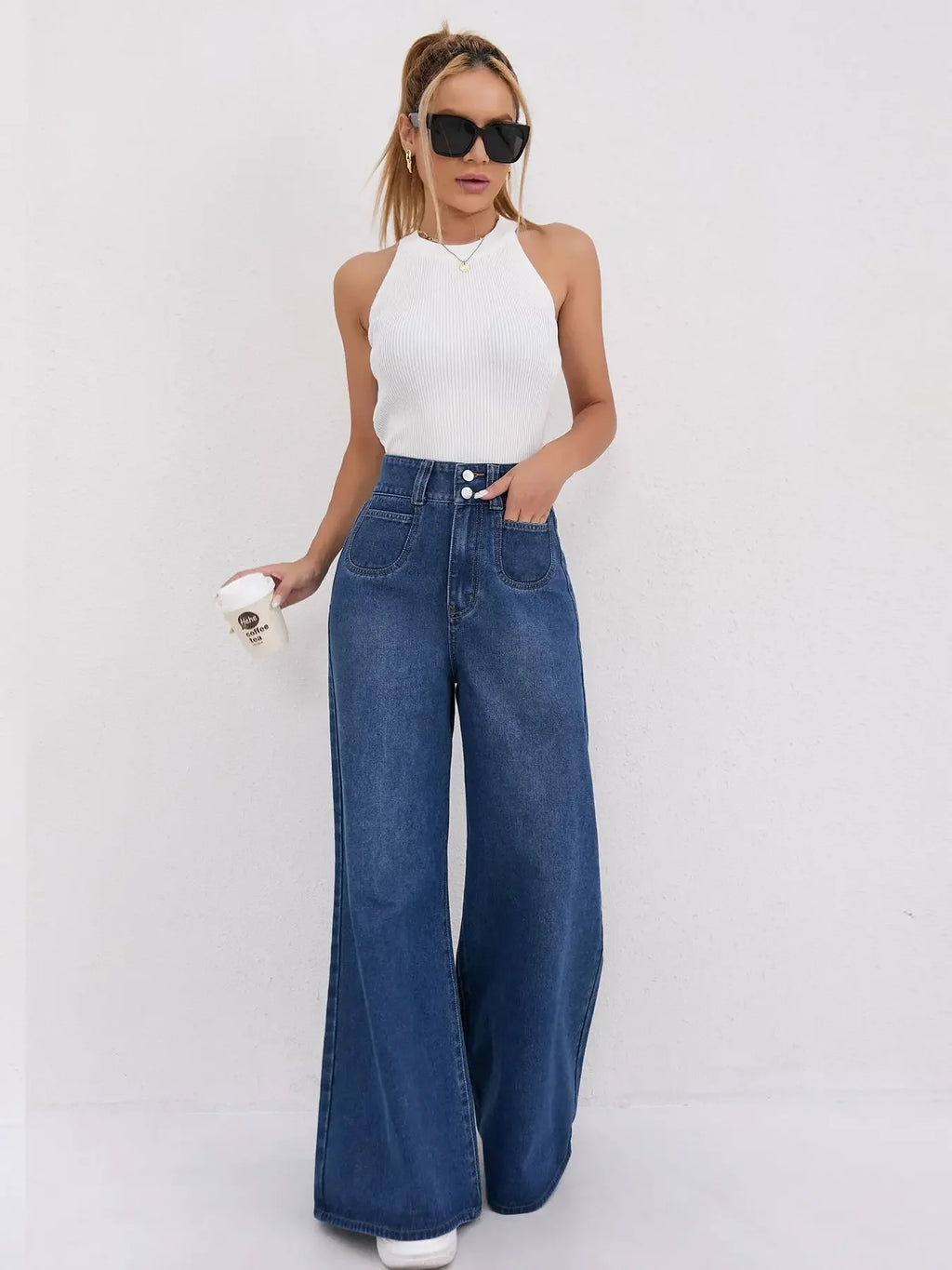 Womens Jeans Baggy Jeans Wide Pants High Waist Loose Fit Two Button Solid Color Wide Leg Denim Trousers For Ladies
