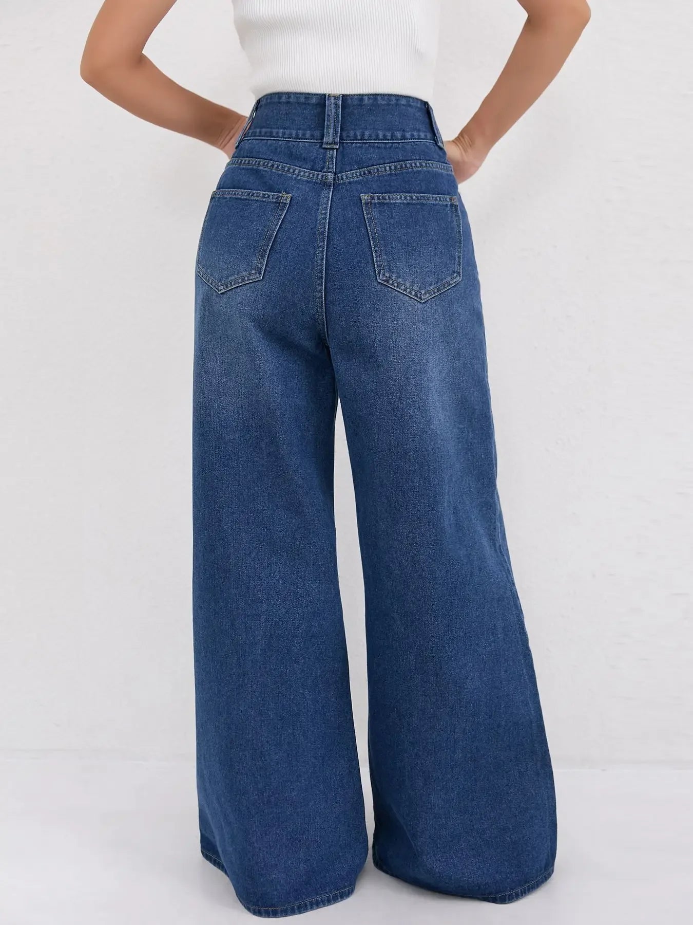 Womens Jeans Baggy Jeans Wide Pants High Waist Loose Fit Two Button Solid Color Wide Leg Denim Trousers For Ladies