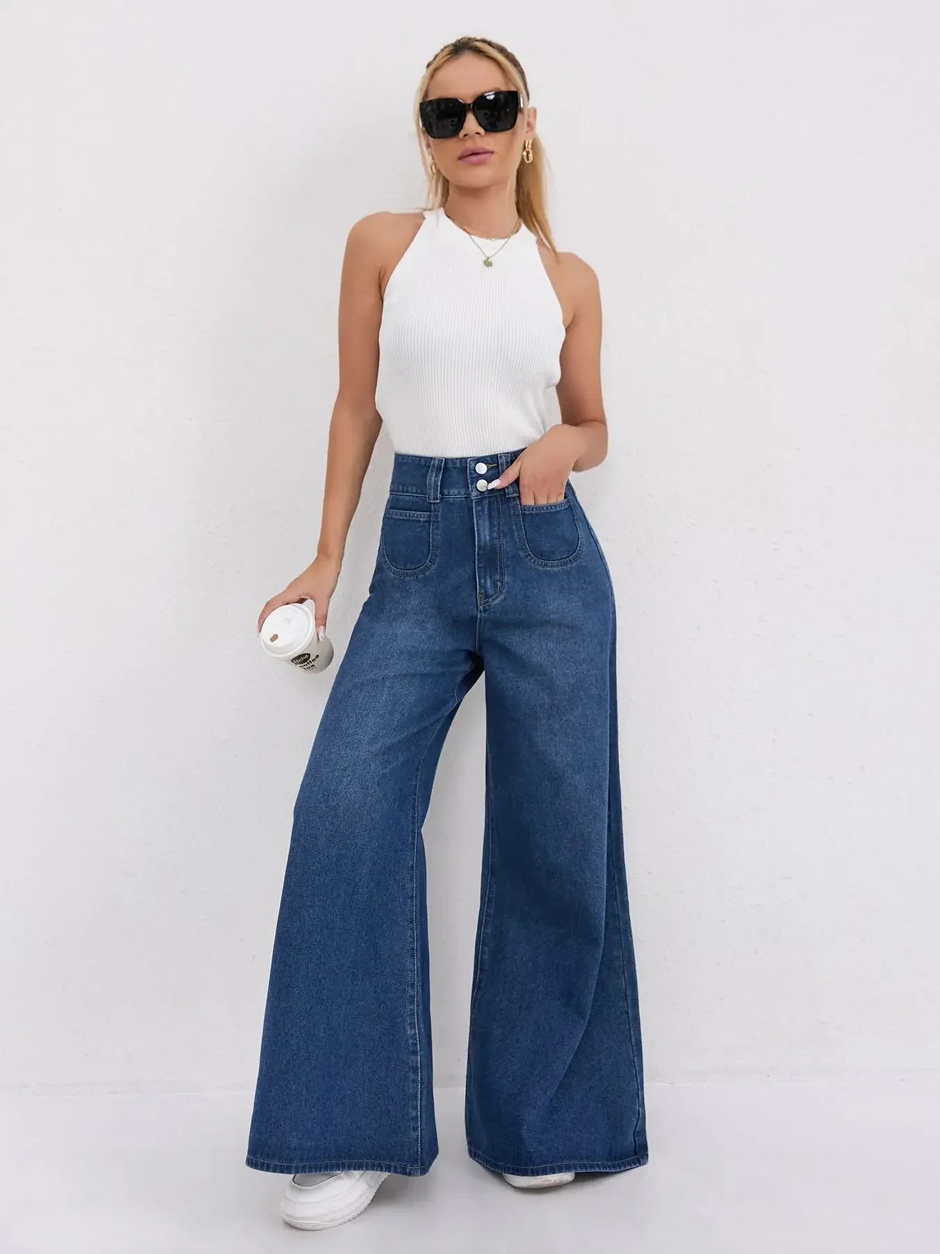 Womens Jeans Baggy Jeans Wide Pants High Waist Loose Fit Two Button Solid Color Wide Leg Denim Trousers For Ladies