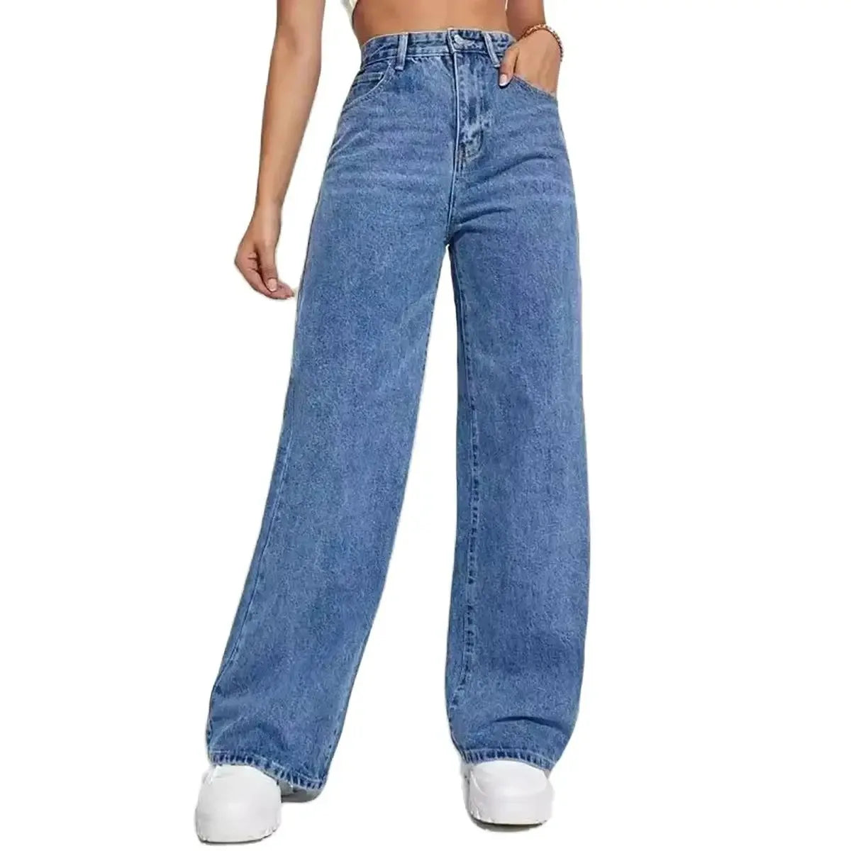 Blaue Damenjeans im Y2K-Stil – Hohe Taille, weiter gerader Schnitt