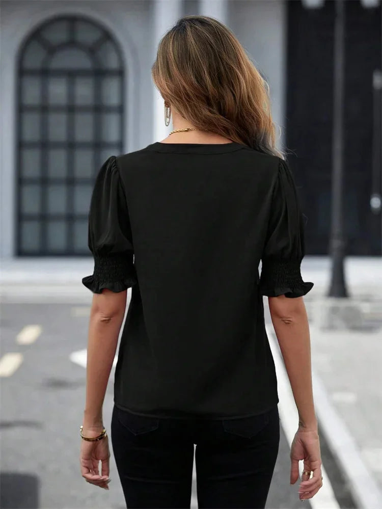 Damen Bluse – V-Ausschnitt, Puffärmel, Einfarbig, Casual, Sommer