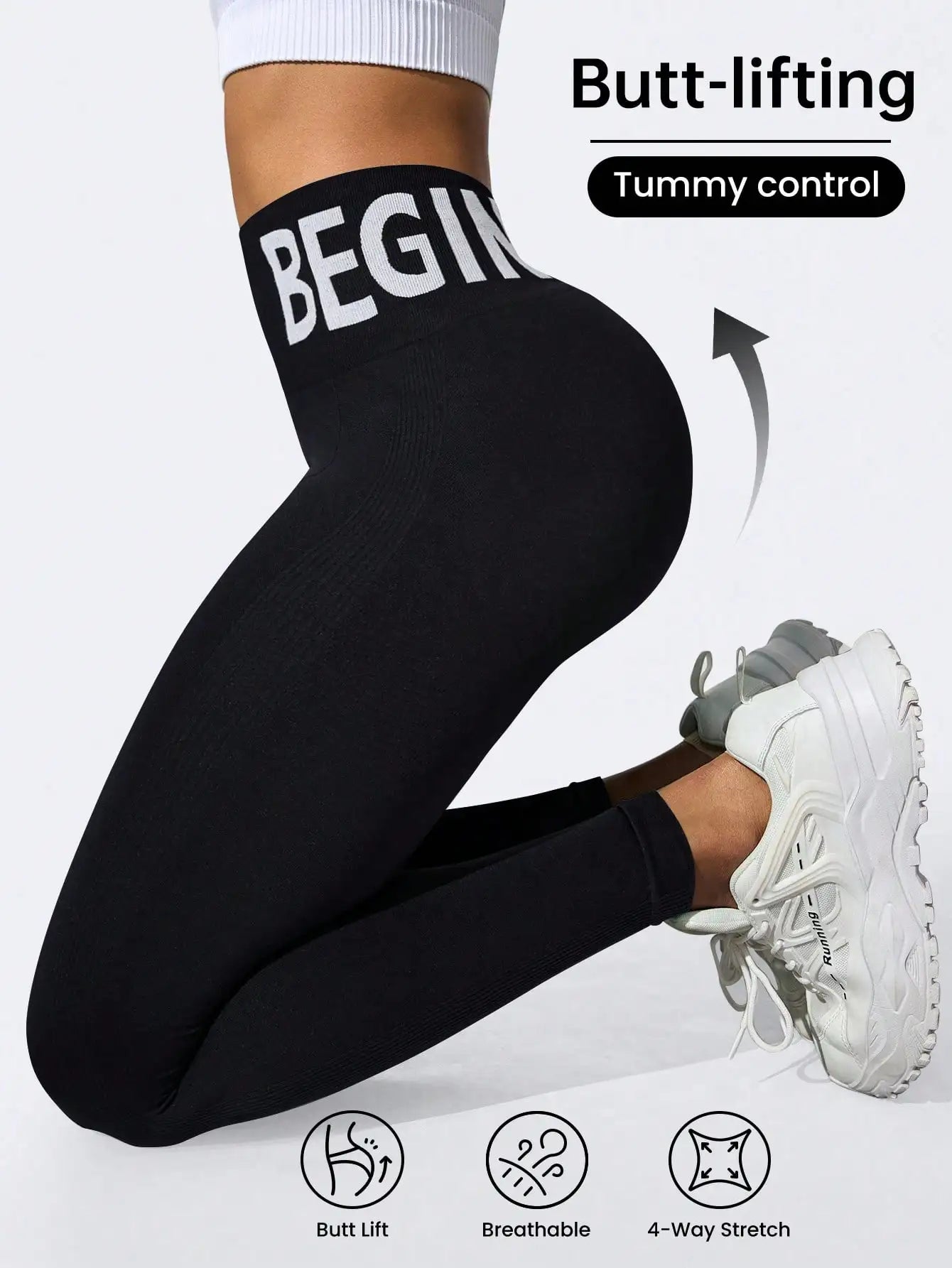 Seamless Yoga Leggings – Waistband Lettering, Butt‑Lifting Quick‑Dry Tights