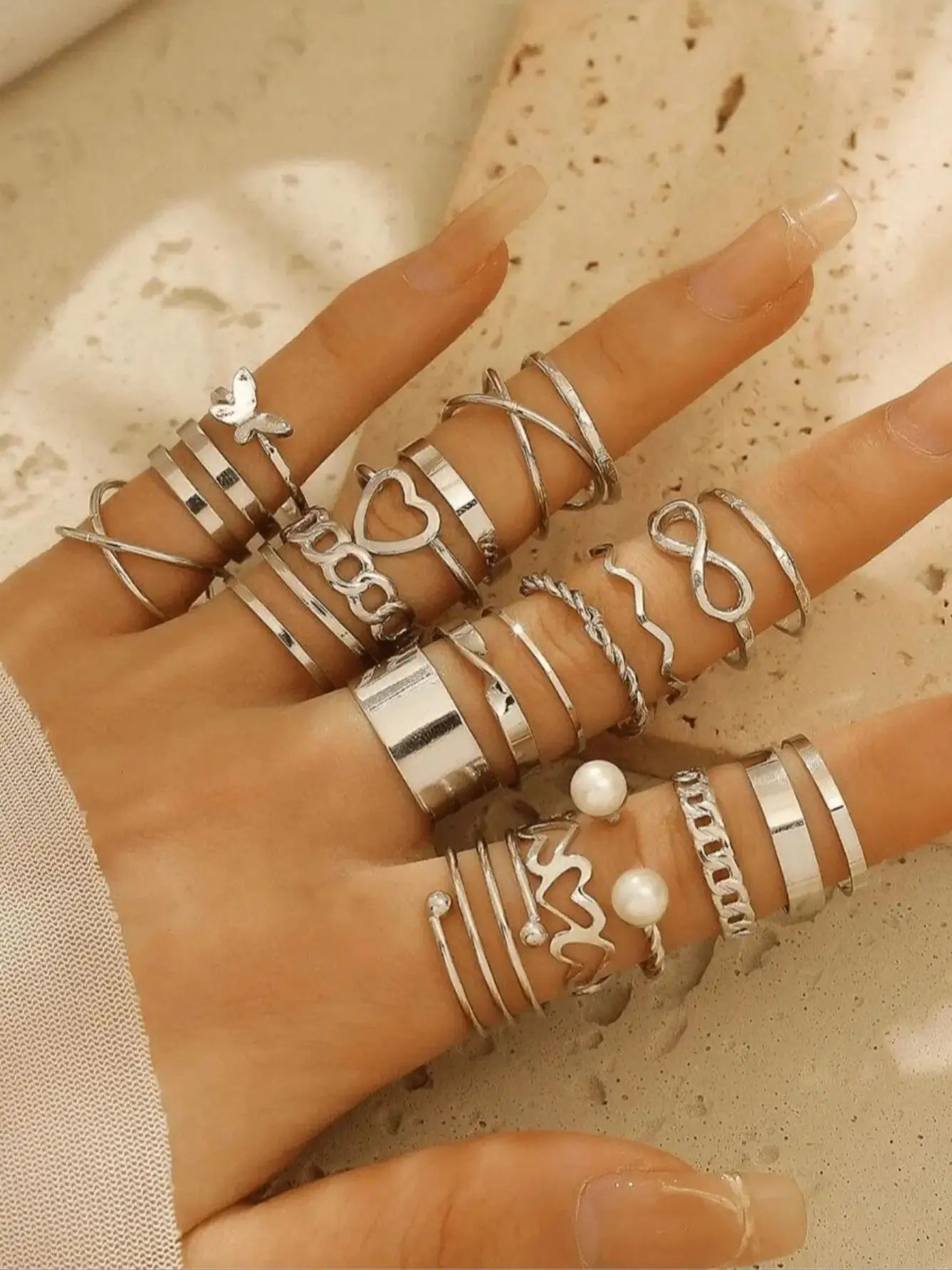 Damen Ring Set – Silber, Boho, Retro, Herz, Schmetterling, Geometrisch, Geschenk