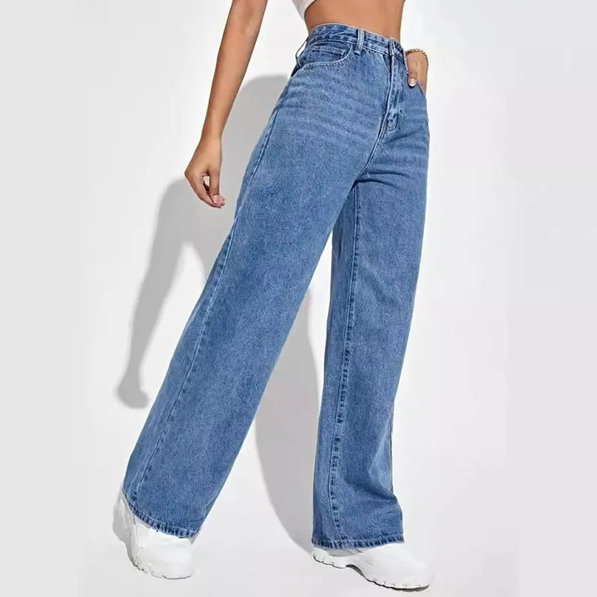 Fashion Retro Blue Y2K High‑Street Baggy Straight High‑Waist Jeans