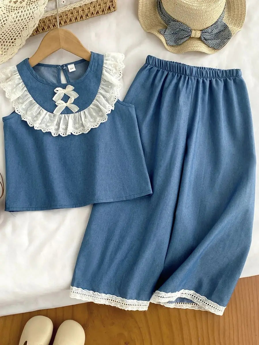 Kids Clothes Girls Summer Fashion  Cowboy Blue Lace Bow+Lace Wide Leg Pants Sets Children's Daily Casual Wear