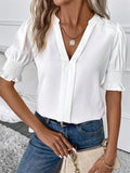 Damen Bluse – V-Ausschnitt, Puffärmel, Einfarbig, Casual, Sommer
