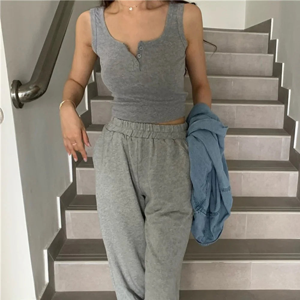 Damen Geripptes Tank Top – Knopfleiste, Ärmellos, Einfarbig, Casual, Sommer