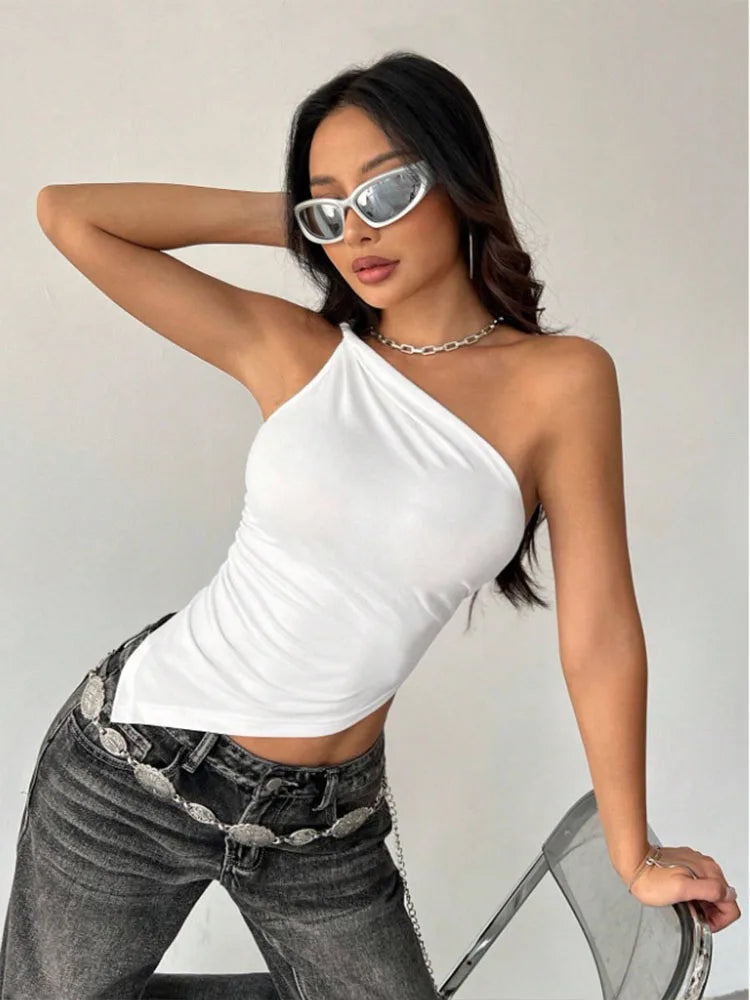 Damen Tank Top – Asymmetrisch, Slim Fit, Einfarbig, Sommer 2025