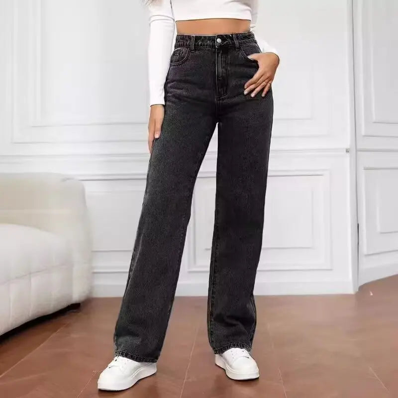 Schwarz‑Graue High‑Waist Wide‑Leg Damenjeans – Lockerer, Figurschmeichelnder Straight‑Leg Fit