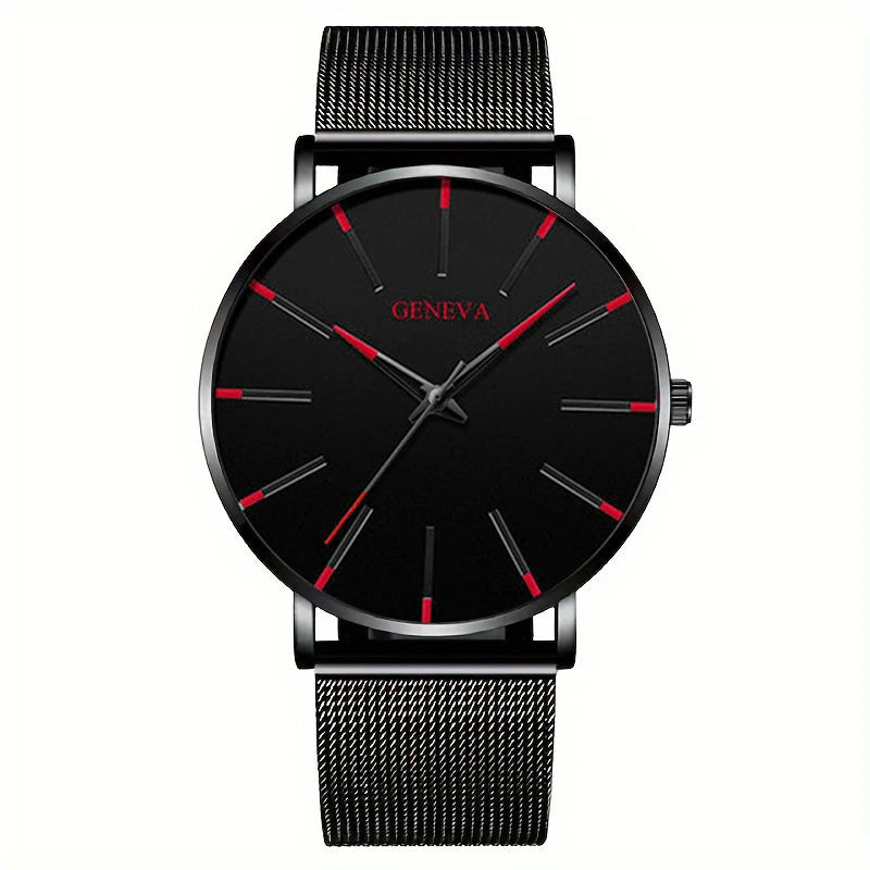Minimalistisches Herren-Armbanduhr – Ultraflach, Quarz, Edelstahl-Meshband