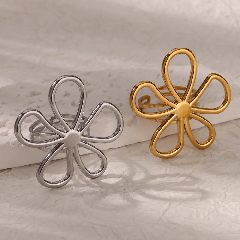 Damen Edelstahl Blumen Ring – Offen, Gold Farbe, Trendy, Modeschmuck, Geschenk
