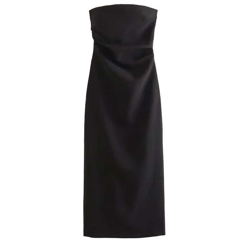 Damen Trägerlos Kleid – Sommer, Midi, Rüschen, Schulterlos, Casual