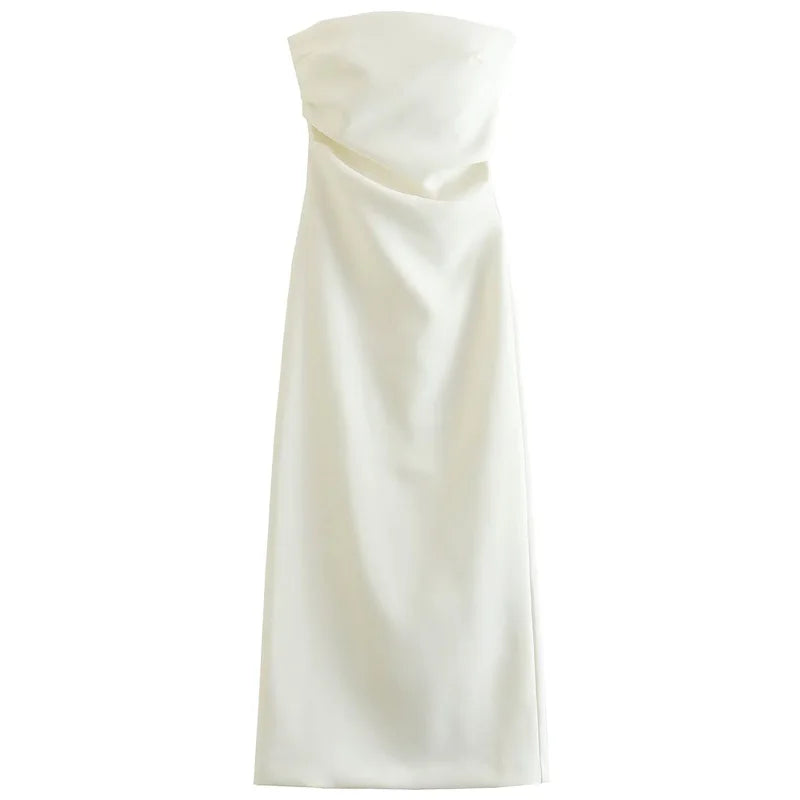 Damen Trägerlos Kleid – Sommer, Midi, Rüschen, Schulterlos, Casual