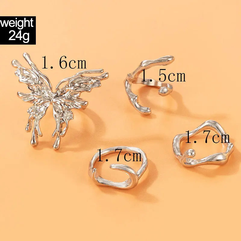 Damen Schmetterling Ring Set – 4-teilig, Silber, Geometrisch, Chunky, Punk, Geschenk