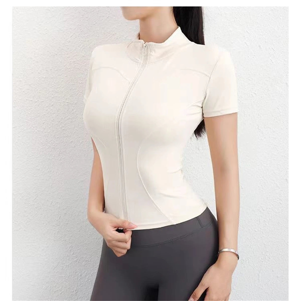 Damen Yoga Sport Top – Stehkragen, Reißverschluss, Slim Fit, Sommer