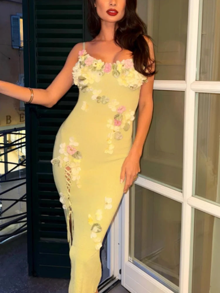 Women Handmade Crochet Flowers Maxi Dress Elegant Spaghetti Strap Side Slit Sling Long Dress 2026 Summer Lady Slimming Fit Gown