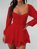 Elegant V-neck Backless Waist Cinched Long Sleeved Dress Nightclub Party Style White Lace Up Ruffle Edge Short Skirt