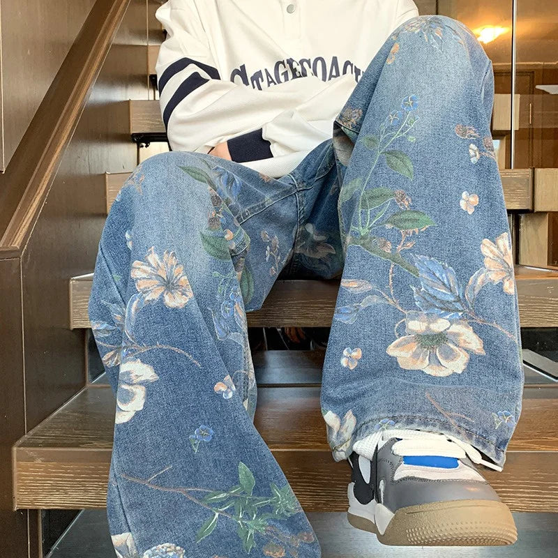 Herren Floral Jeans – American High Street Style, Bedruckt