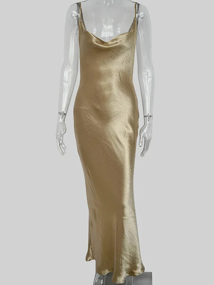 Damen Satin Maxi Kleid – Träger, Rückenfrei, Schnürung, Trompete, Abend & Party