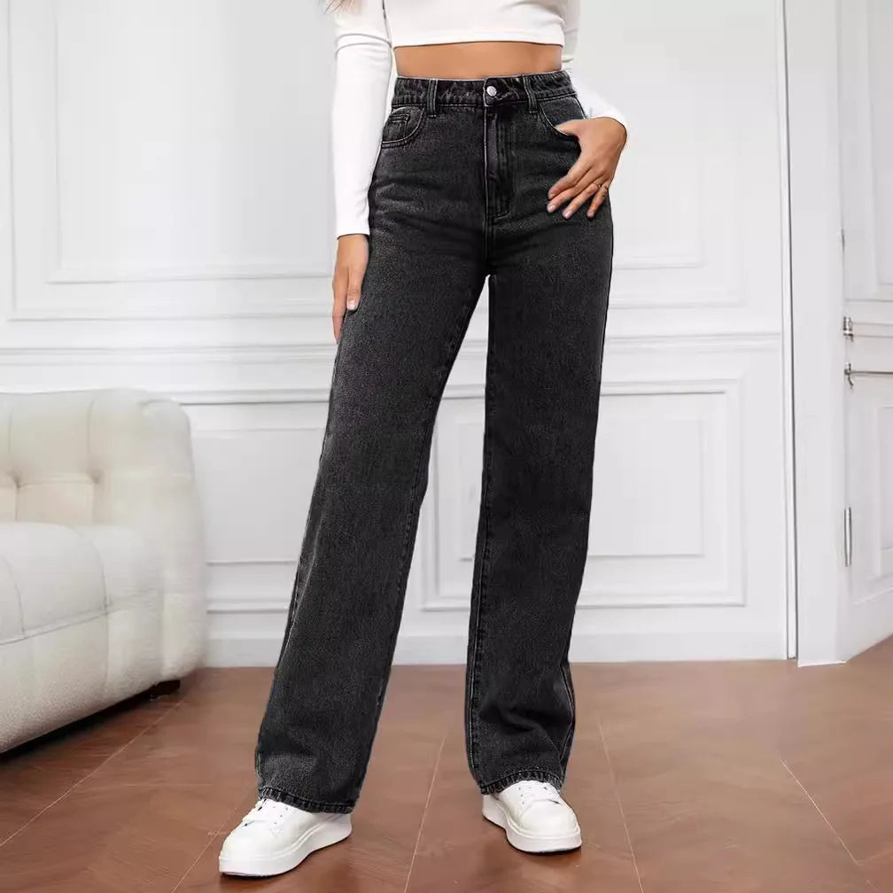 Blaue Damenjeans im Y2K-Stil – Hohe Taille, weiter gerader Schnitt