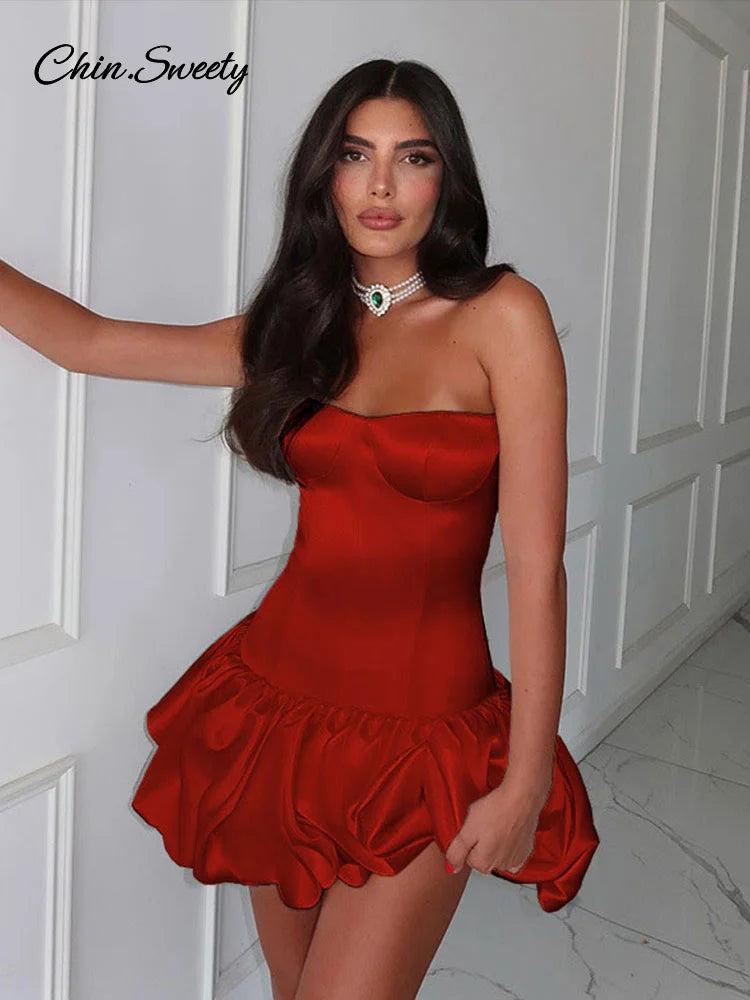 Elegantes Trägerlos Minikleid für Damen – A-Linie, Rüschen, Party & Abend