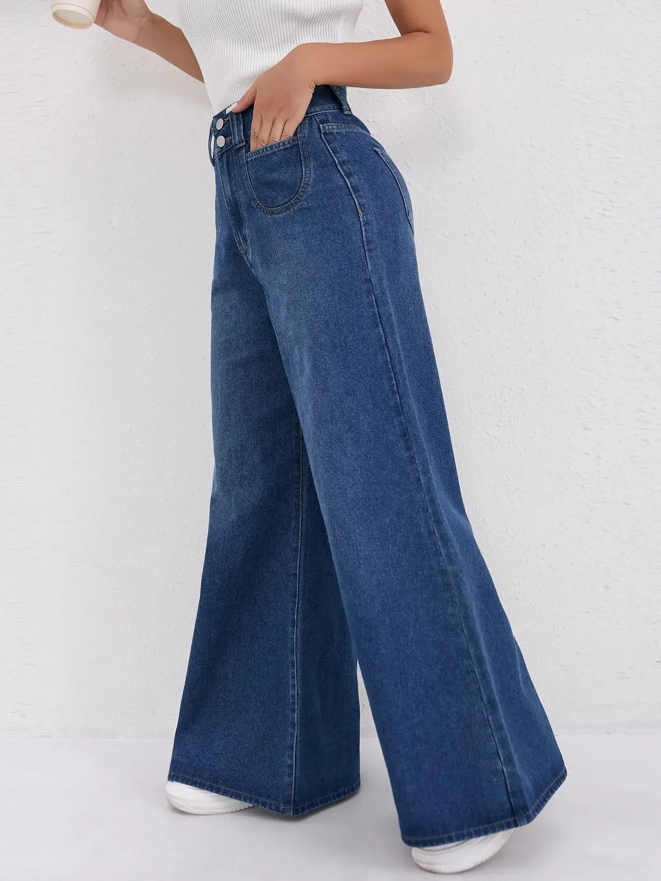 Womens Jeans Baggy Jeans Wide Pants High Waist Loose Fit Two Button Solid Color Wide Leg Denim Trousers For Ladies